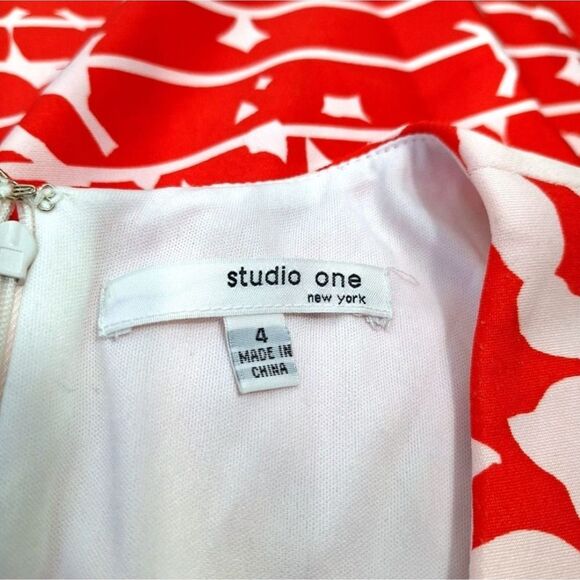 Studio One Red-Orange White Floral A-Line V-Neck Travel Dress 60s 70s Mod Sz 4 - Picture 7 of 14